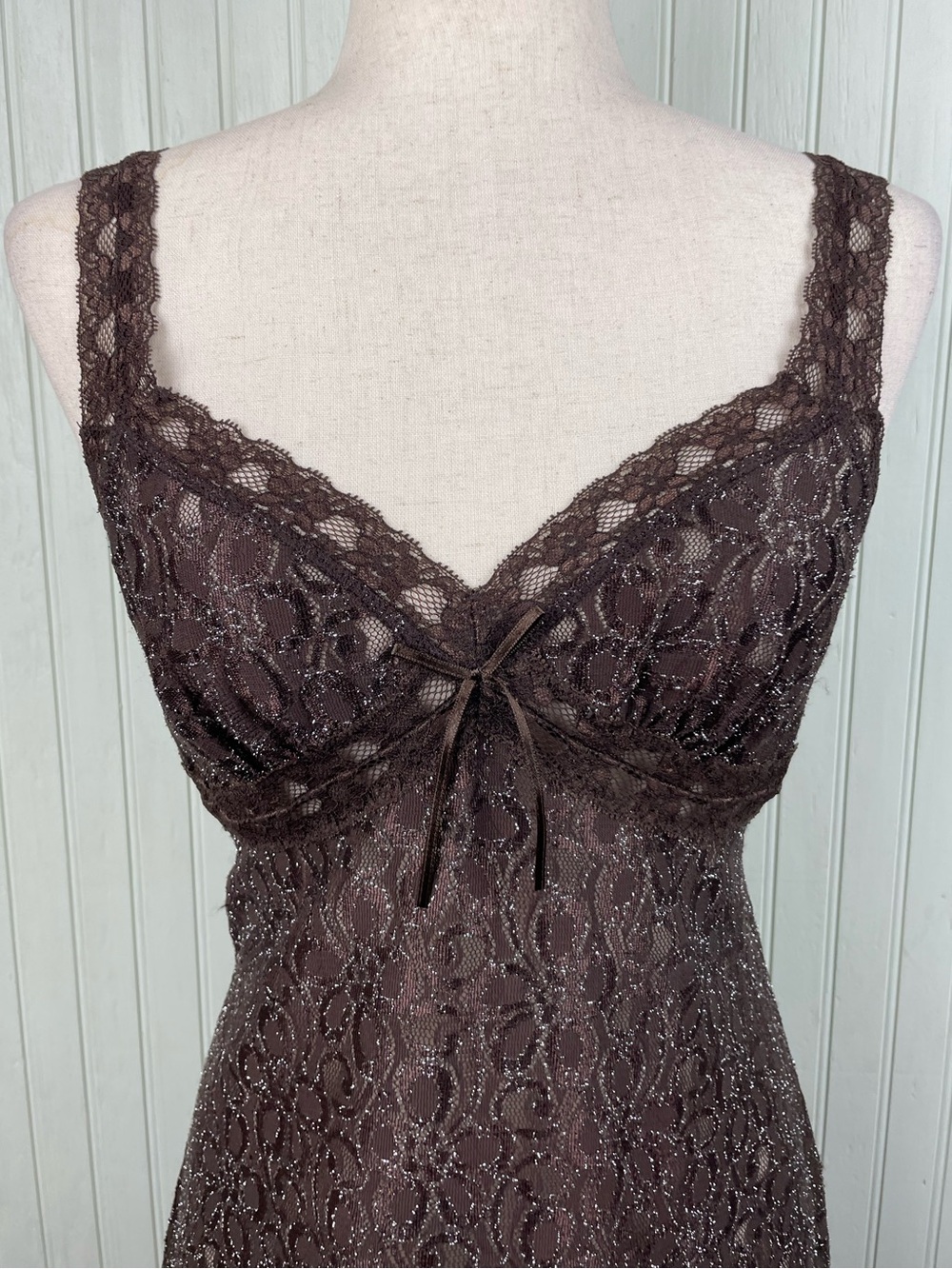 Vintage Y2K Morgan Taylor Intimates Brown Glitter Babydoll Slip Dress Fairycore - Picture 3 of 11